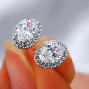 18K White Gold 3CT Halo Diamond Oval Solitaire Stud Earrings
